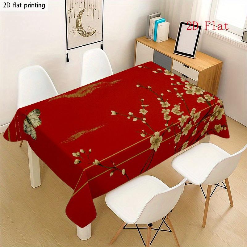2D Flat 1pc- Soft, Stylish, and Beautiful Tablecloth with Red Plum and Butterfly Pattern, Machine Washable and Easy to Clean, Suitable for Dining Tabl