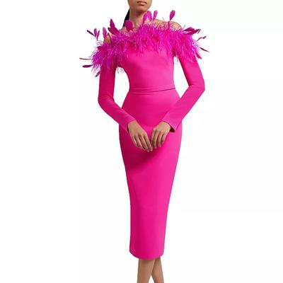 2024 European & American Sexy Fashion Feather Bandage Long-Sleeve Party Dress
