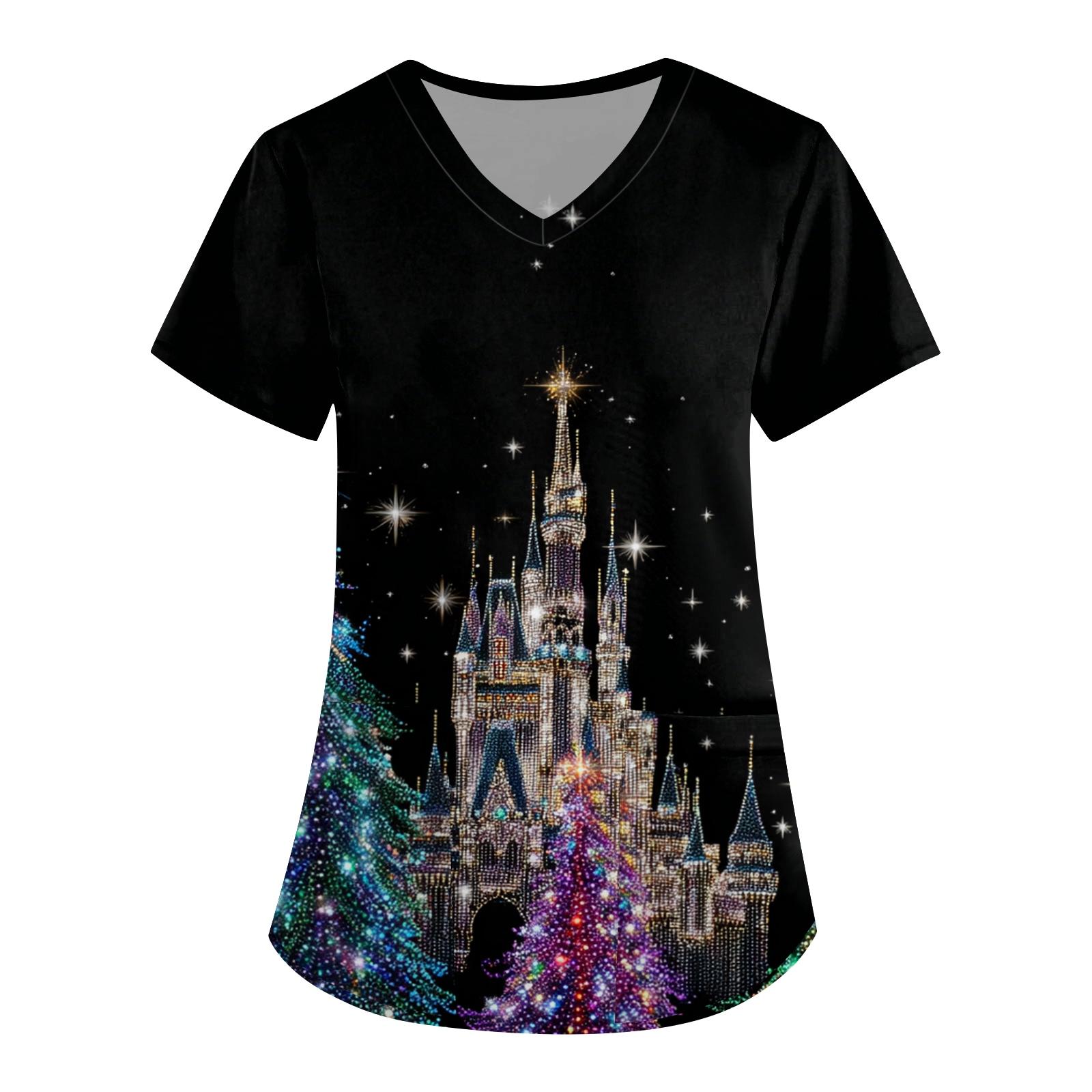 

Женская рабочая униформа с принтом, V-образный вырез, карманы, базовый короткий рукав, пуловер, топ L чёрный