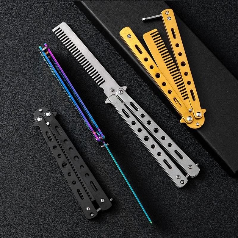 1Pcs Stainless Steel Practice Training Butterfly Knife Comb Beard Moustache Brush Salon Hairdressing Styling Tool Foldable Comb