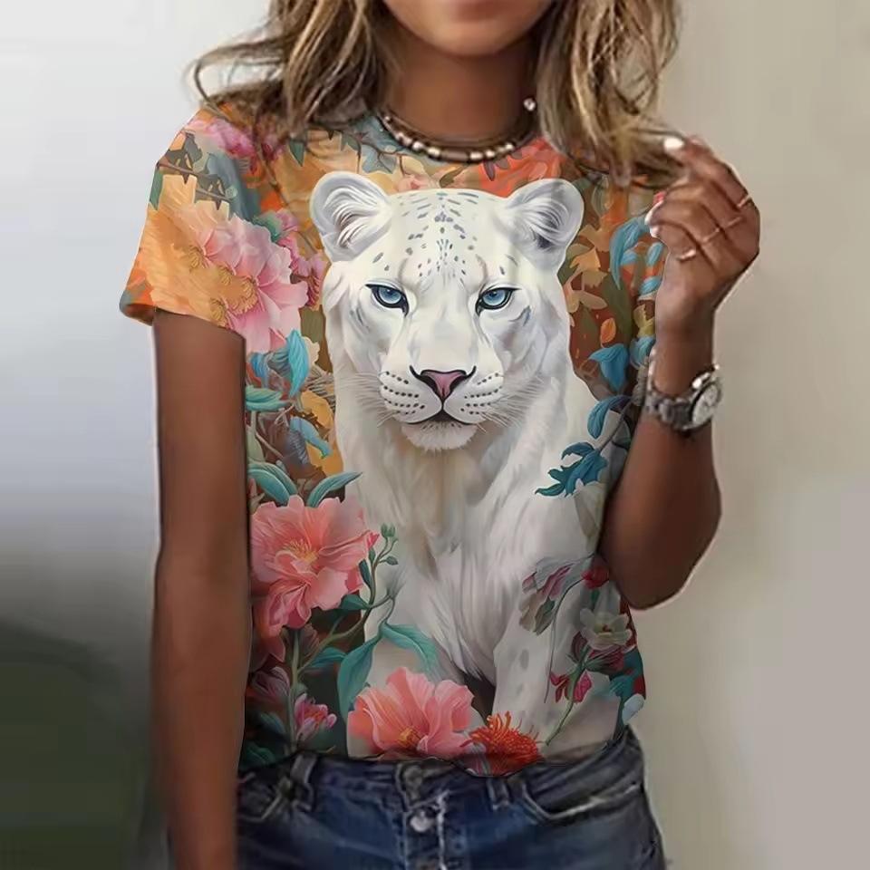 Summer Round Neck 3D Lion Tiger Leopard Print Top Fashionable Casual Short Sleeved Women's T-shirts