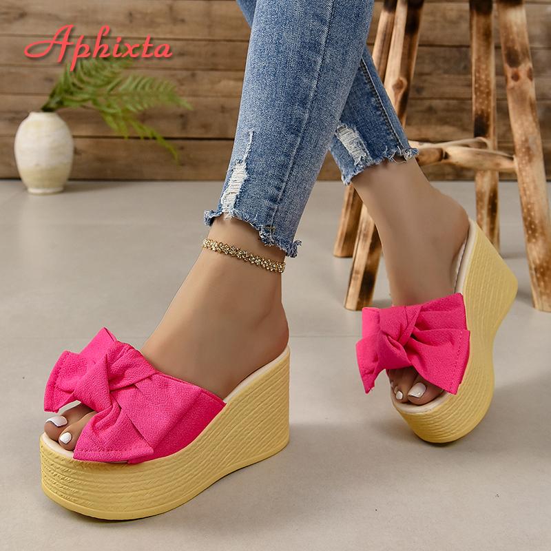 Fashion Aphixta Red Summer 9cm Wedge Heels Slippers Women Big Butterfly Mulers 4cm Platform Sandals Clog Shoe Slides Plus Size 43