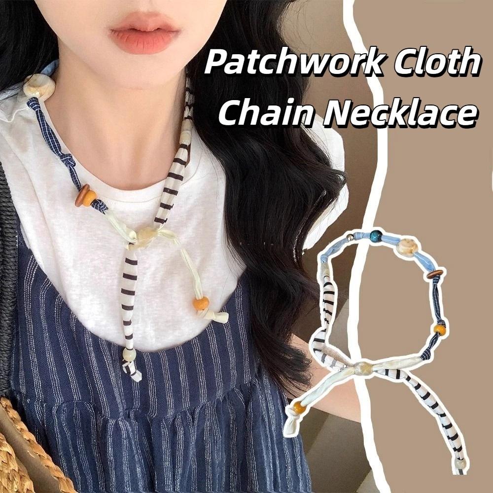 Clavicle Chain Patchwork Cloth Chain Necklace Multicolor Bohemian Choker Wood Bead Necklace  Gift