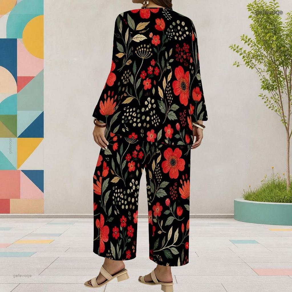Women Plus Size Floral Printed Round Neck Long Sleeve Layered Top Wide Leg Pants Two Piece Set
