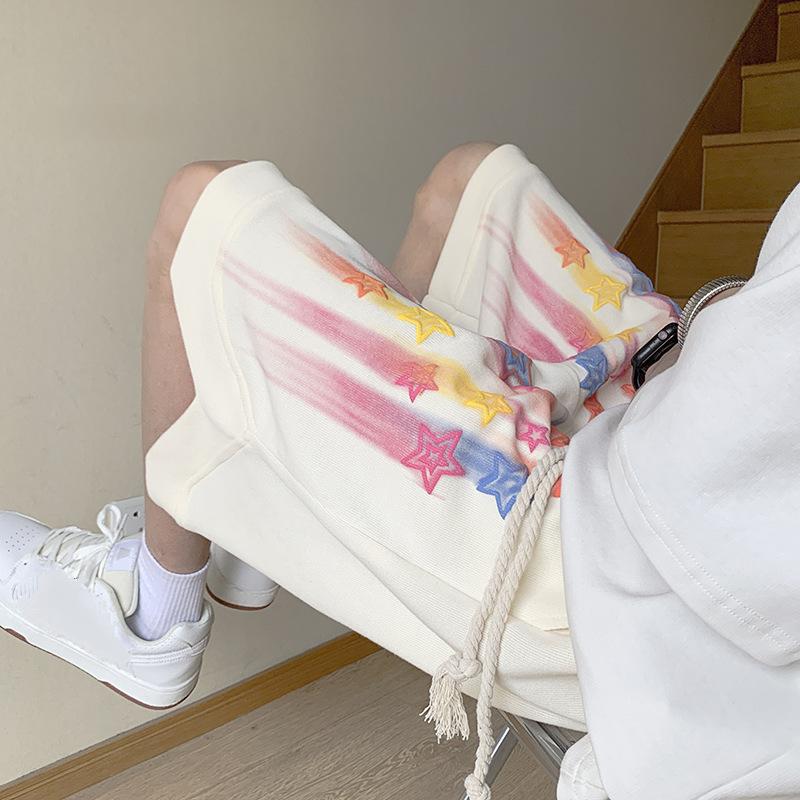 

2024 летние модные однотонные спортивные шорты в американском стиле ретро со звездами, свободные повседневные универсальные баскетбольные шорты большого размера M белый