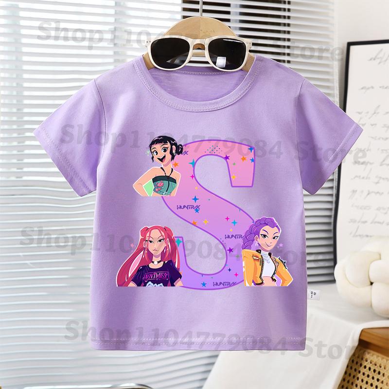 K-pop Demon Hunters Kawaii T-shirts for Children Cartoon Letter A-Z Printed Short Sleeves Top Boys Girls Summer Fashion T-shirt
