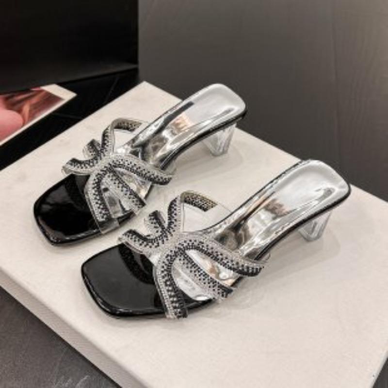 

Fashion 2025 Summer Open Toe Women s Slippers Square Toe High Heels Rhinestones Modern Sandals Plus Size Dress Party Fashion Slippers 35 чёрный