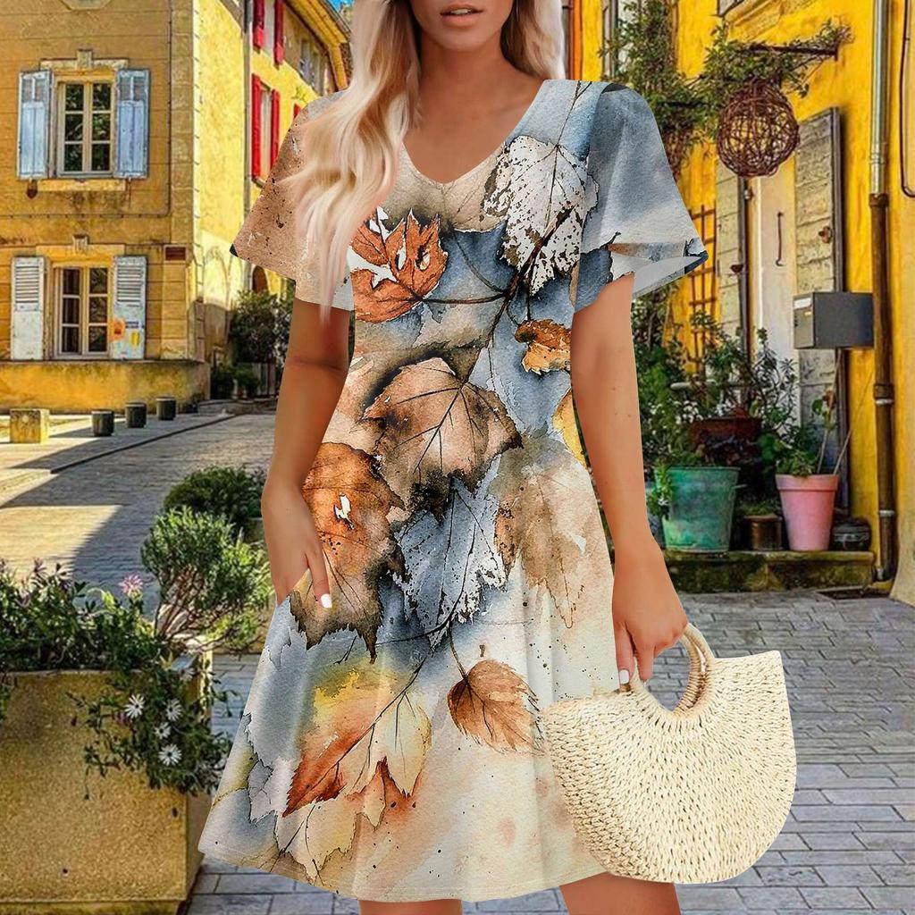 Women Summer Dress Casual Swing Floral Ruffle Short Sleeve Sundresses Beach  A-line  Dress  With Pockets