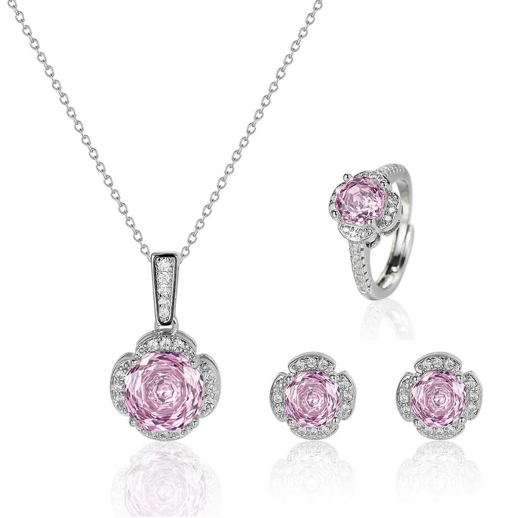 New Seiko Rose Cut Papalacha Zircon Necklace Earrings Color Treasure Ring Three-piece Set
