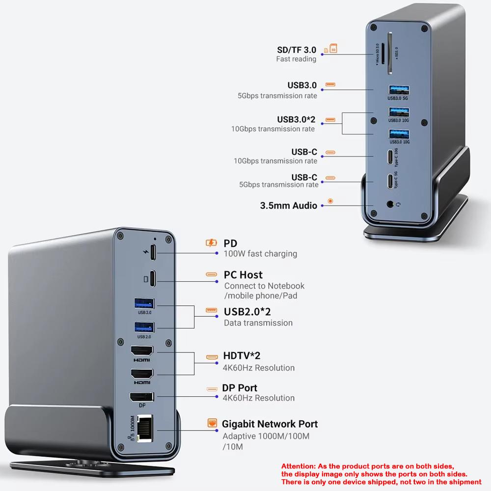 15 In 1 Hub Type-C Docking Station 4K@60Hz HDMI DisplayPort USB A RJ45 SD TF Audio 3.5mm Port Adapter for Macbook Pro Laptop PC