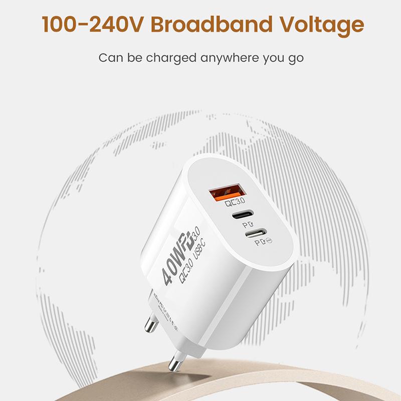 Usb C Charger 40W Fast Charging Charger 3Ports Type C Mobile Phone Charger Pd Power Adapter For Samsung Xiaomi Iphone Qc3.0
