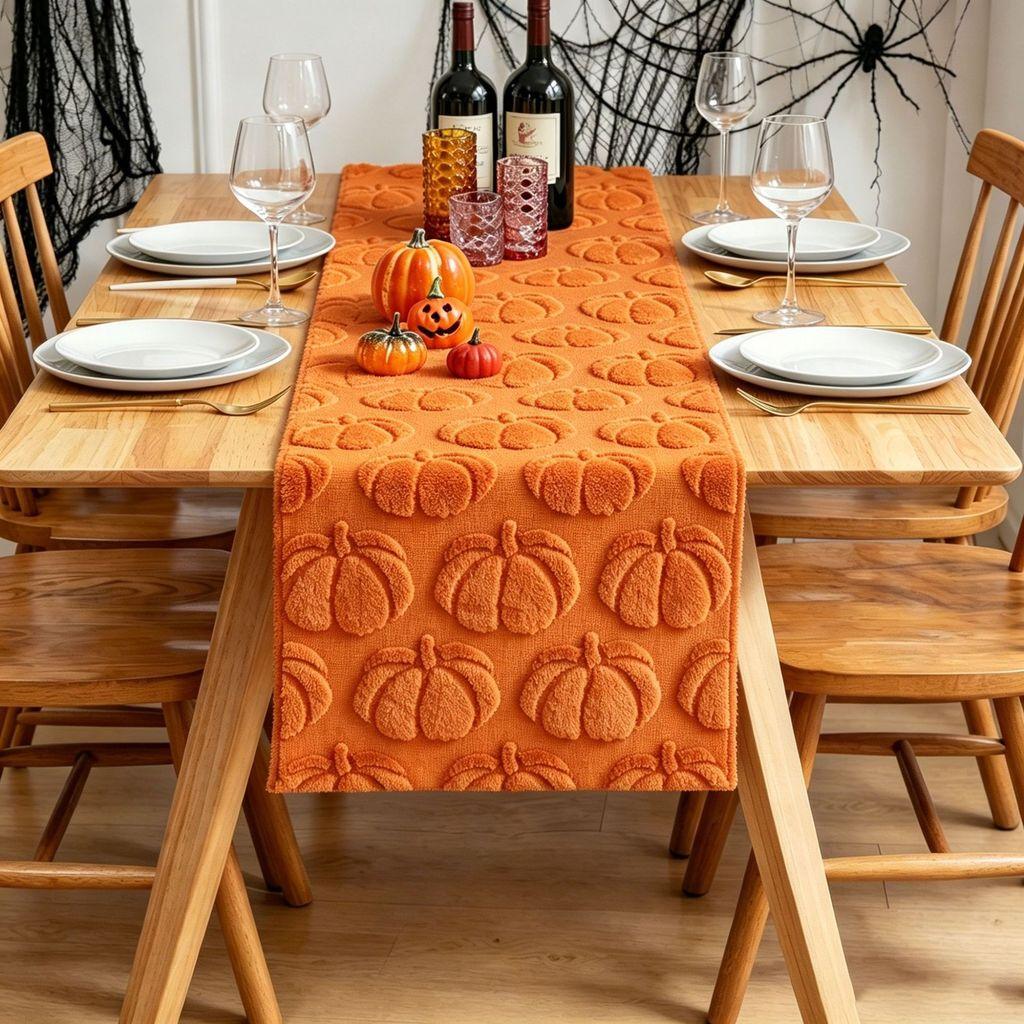 Polyester Halloween Table Runner With Embroidered Ghosts And Pumpkins For Party Decor