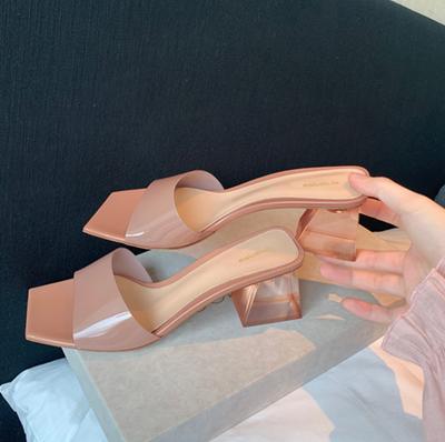 Elegante Damen Kristall Klar Transparente PVC Hausschuhe Damen Klobige Sandalen Bequeme Sommer Damen Quadratische Zehenschuhe Slides