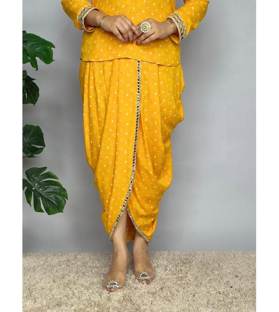 Women Designer Bandhani Print Cord Set Indian Bollywood Dhoti Kurta Top Tunic Dress
