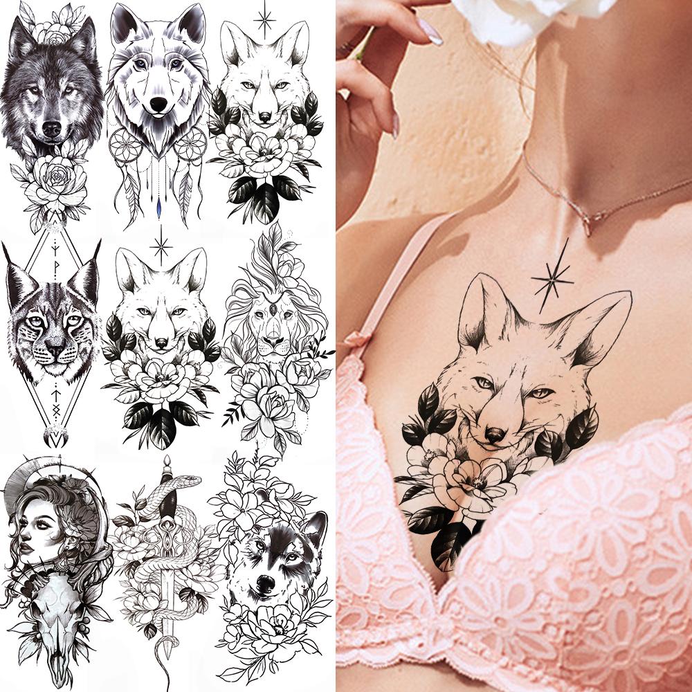 Cooler Wolf Schwarzes Temporäres Tattoo Sexy Mädchen Schlange Fake Katze Löwe Tattoo Aufkleber Für Frauen Erwachsene Geometrie Körperkunst Tattoos Papier