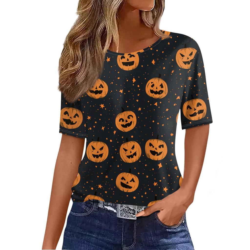 Women's Casual Short Sleeve Halloween & Pumpkin Print Round Neck Pullover T-Shirt Top