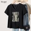 SheChi Women's Slim Fit V-Neck Rhinestone Letter T-Shirt