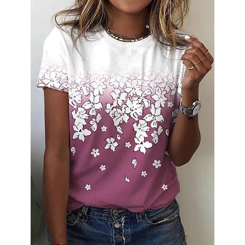 Summer Round Neck Women's T-shirt Fashionable 3D Flower Print Short Sleeved Casual Top Y Street Women's Clothing