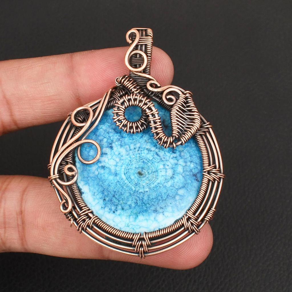 Handmade Copper Wire Wrapped Pendant Natural Blue Solar Quartz Stone Necklace Unique Boho Jewelry for Women