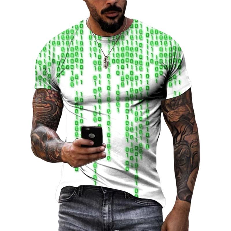 Nuova T-shirt da Uomo Tecnologia Motivo Digitale Street Hip Hop Trend Top Girocollo Personalità Moda Casual Manica Corta Abbigliamento