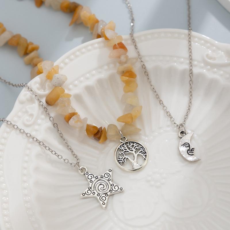 Vintage Multi-layered Necklaces for Women Gilrs Sweet Cool Stones Beaded Choker Sun Moon Star Pendant Chains Necklace Jewelry Friends Gift