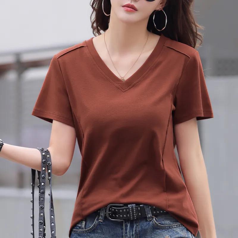 Women Soft White Cotton V Neck T Shirt Short Sleeve Summer Casual Top