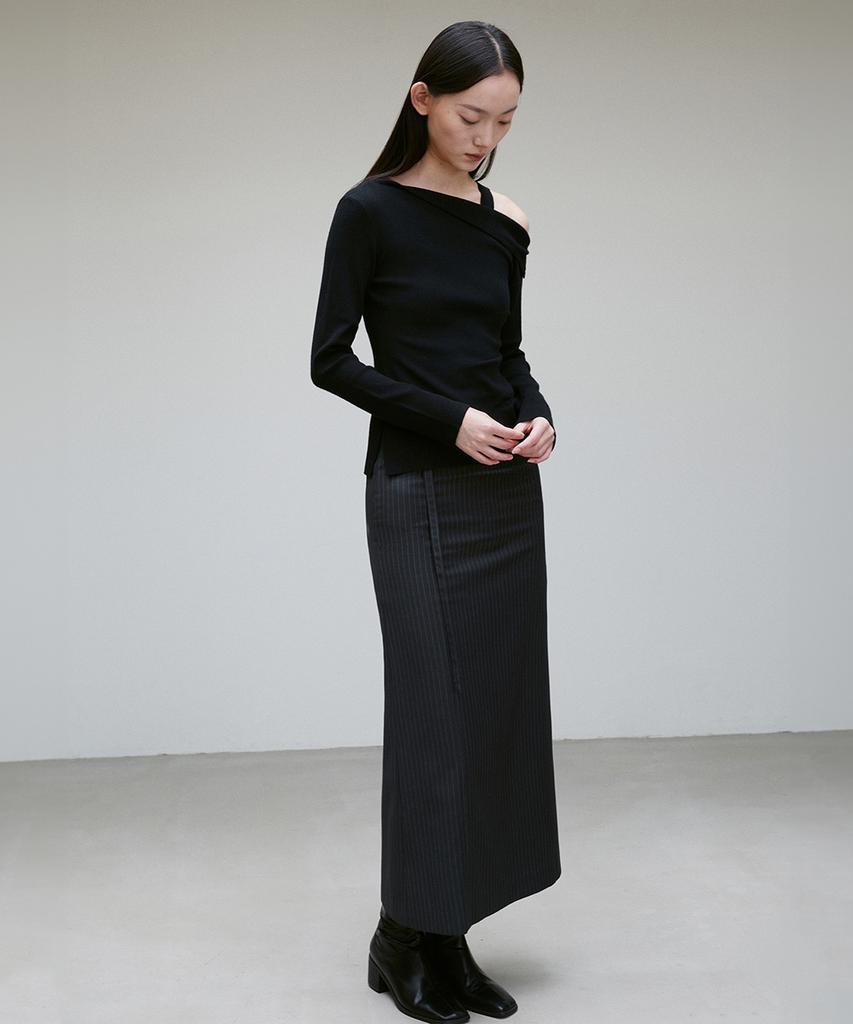 Rie Striped Back-Slit Straight Skirt