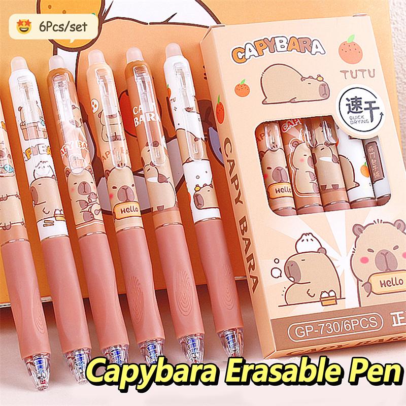 6Pcs Kawaii Capybara Gel Pens Set Quickly-Drying 0.5Mm Blue Erasable Pens Office School Supplies Student Stationery Gifts