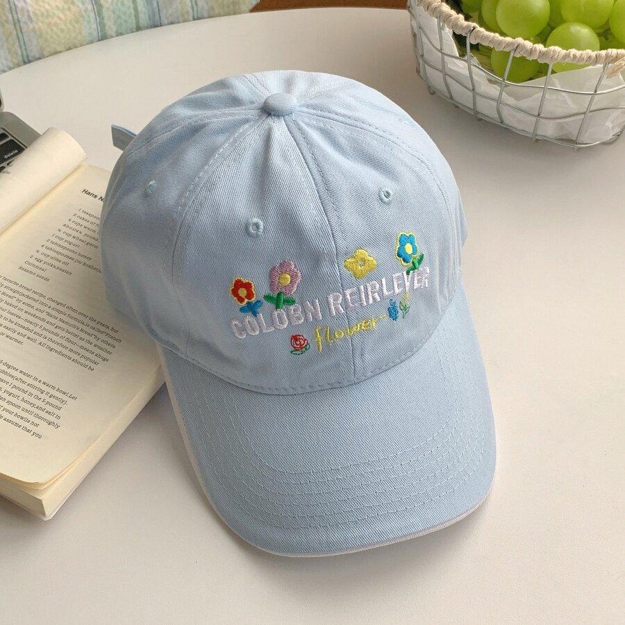 Женская бейсболка с вышивкой цветов Сладкая хлопковая уличная кепка-snapback с козырьком Корейская буква Однотонная Хип-хоп Кепки-папа синий