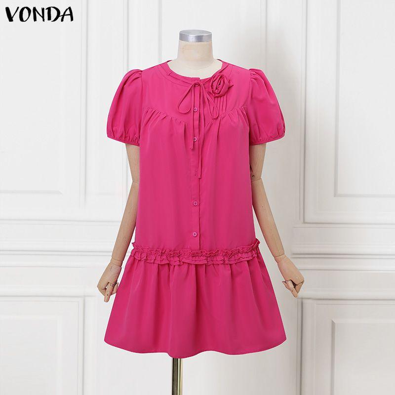 VONDA Women Summer Round Neck Casual Short Sleeve Ruffled Mini Dress