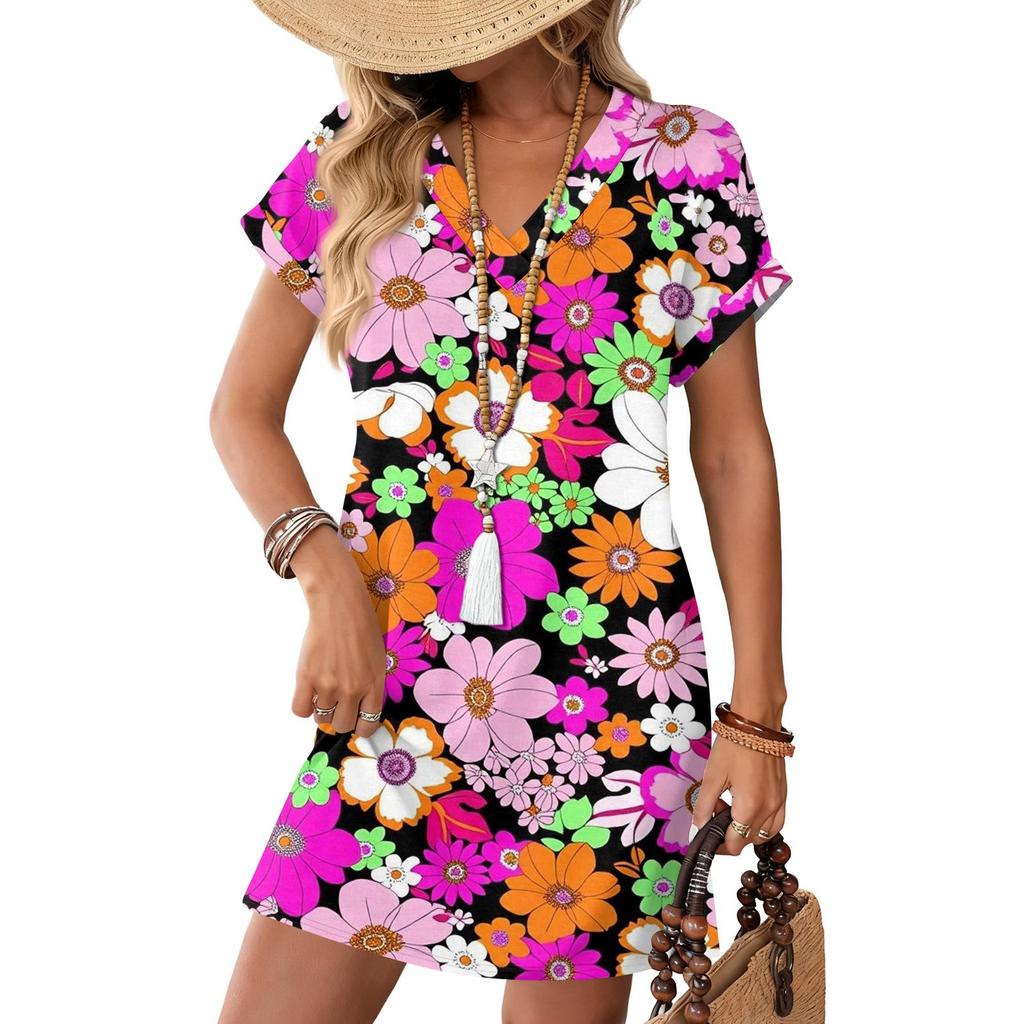 Short Sleeve Women's Dress Casual Dresses With Pockets V Neck Vocation Boho Beach Sundress