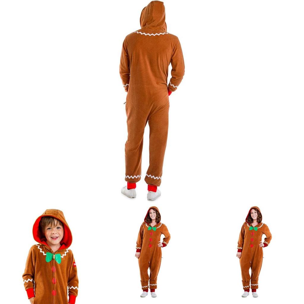 Xmas Party Hooded Jumpsuits For Kids Adult Gingerbread Man Cosplay Costume