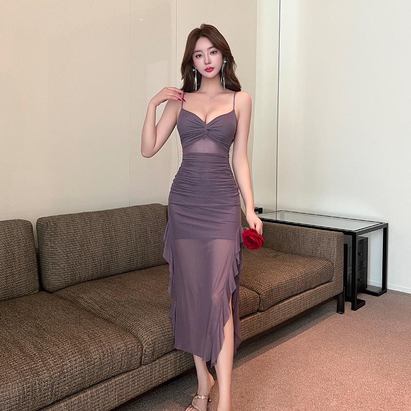Sultry Mesh Low-Cut Slim-Fit Pleated Slit Dress