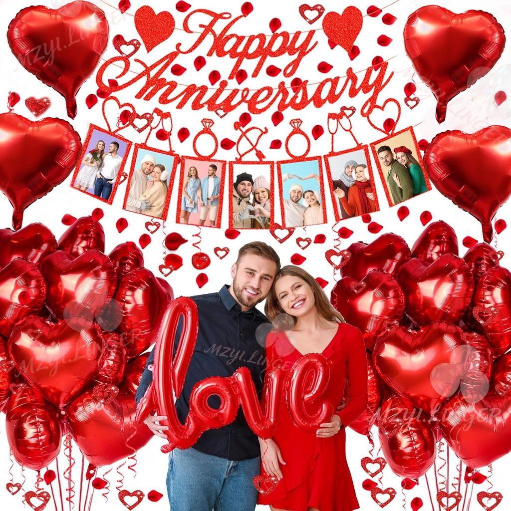 Grattis på årsdagen Dekoration Set Röd KÄRLEK Ballong, Fotobanner, Konstgjorda Rosblad för Bröllop Överraskning Romantisk Dekoration