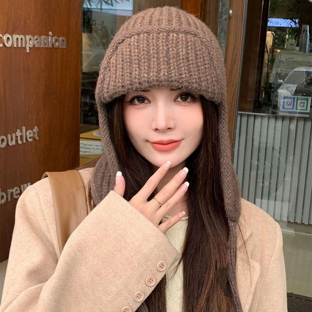 Bonnet Chaud Protège-Oreilles Couleur Unie Laine Bonnet Pull Mode Femme Bonnet Tricoté Étudiant
