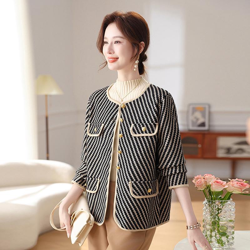 Elegant French Chic Striped Wool Cardigan for Women - Autumn/Winter Double-Sided Knit
