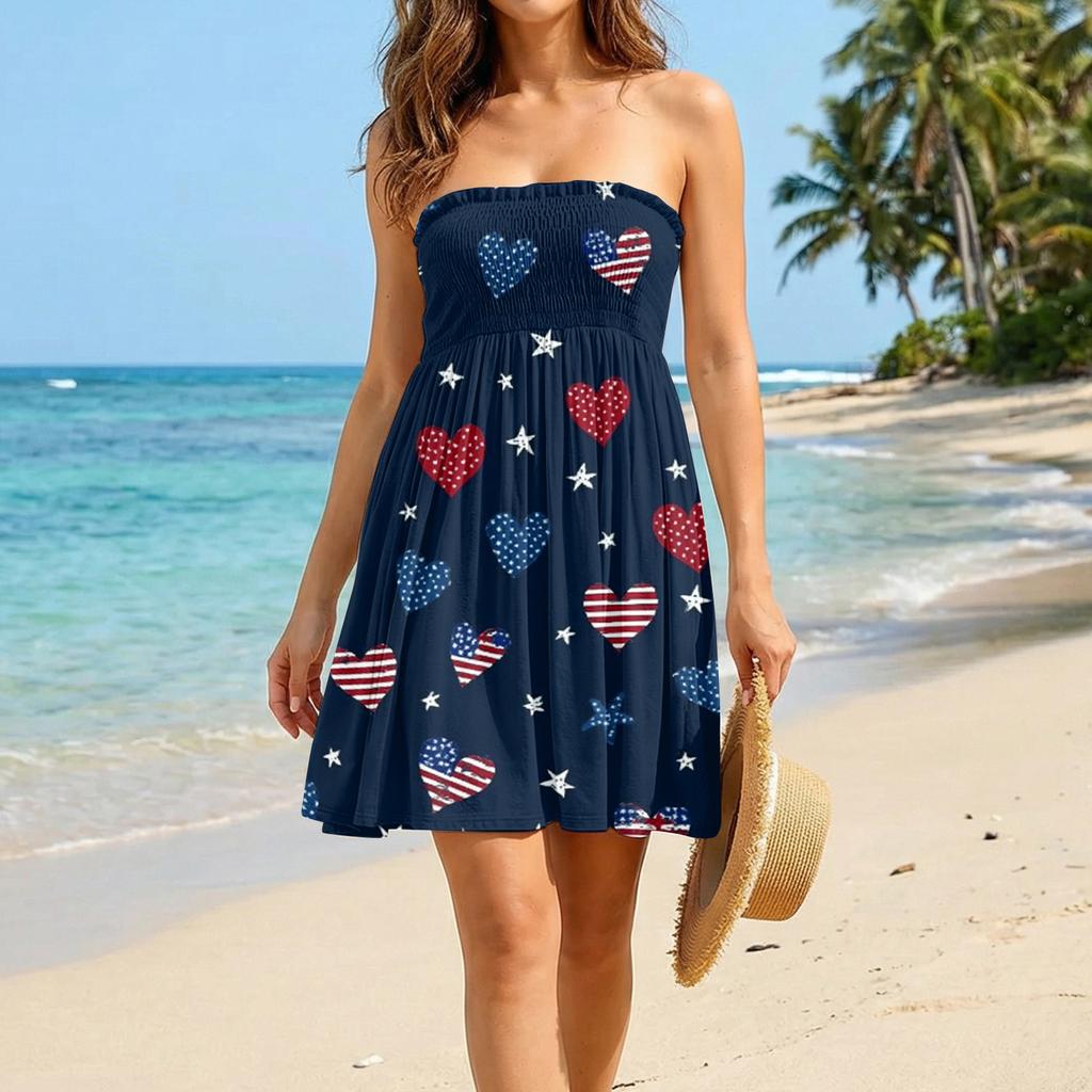 Women’s Sleeveless Strapless Casual Dress with Independence Day Print Relaxed Fit Comfortable Material for Daily Wear