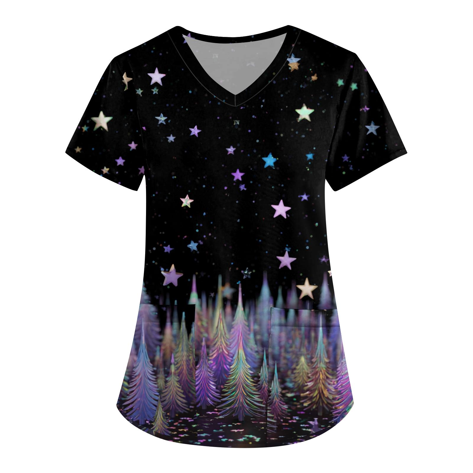 

Женская рабочая униформа с принтом, V-образный вырез, карманы, базовый короткий рукав, пуловер, топ L чёрный