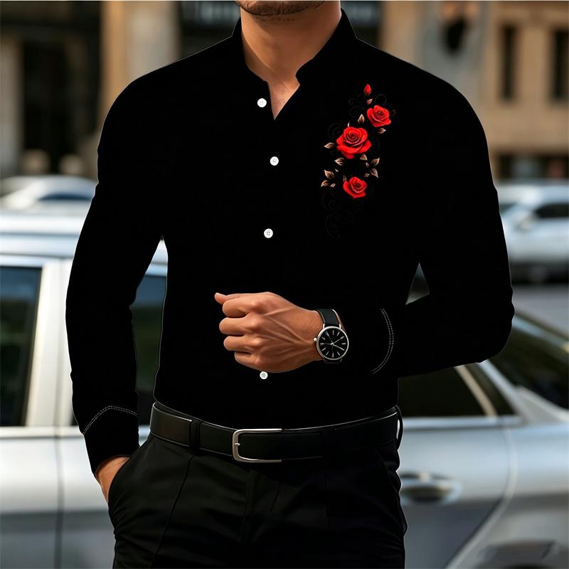 Men's Shirt with Retro Artistic Floral Print, Stylish Lapel, Long Sleeves, Business Casual, Trendy and Individualistic Style.