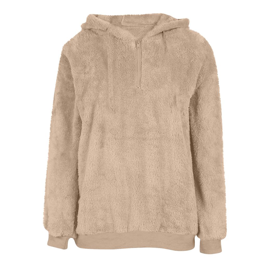 Winter Women Long Sleeve Fleece Hooded Sweatshirt Pullover Warm Jumper Sweaters With 1/4 Zip