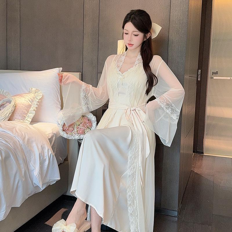 Spring & Autumn Women's Ice Silk Mesh Two-Piece Pajama Set - French-Style Sexy Nightdress