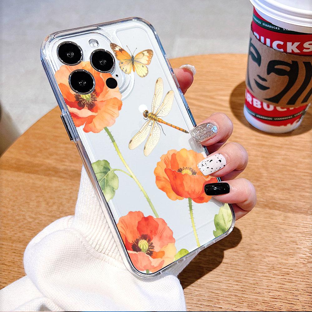Orange Poppies with Dragonfly Lucency Phone Case for IPhone 14 15 16 13 12 11 17 Pro Max 12 13 Mini Soft Cover
