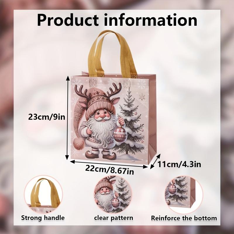 12 Vintage Christmas Gift Bags - Santa Claus, Reindeer, Snowflake Patterns - Beige and Brown Holiday Party Gift Bags, Non-woven