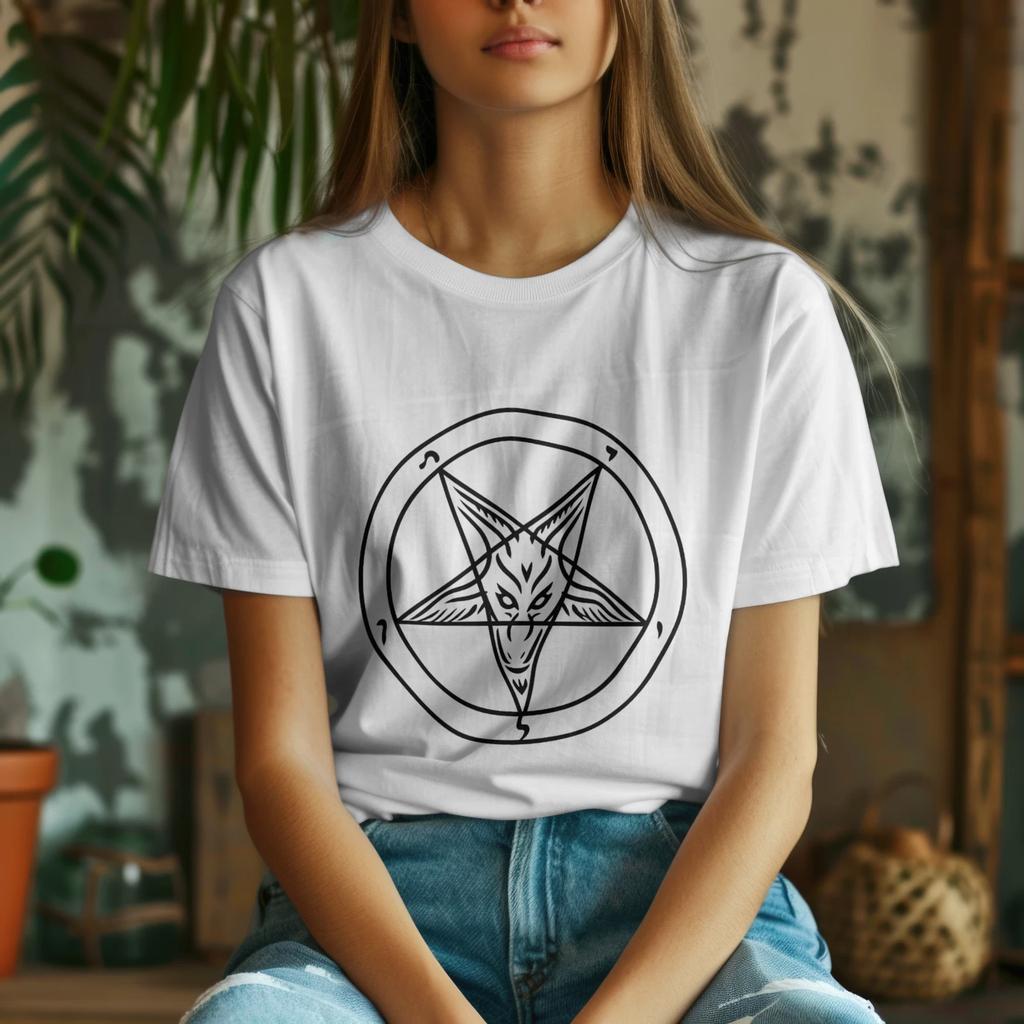 White Goat Pentagram T-Shirt | Minimal Gothic Occult Symbol Line Art Tee