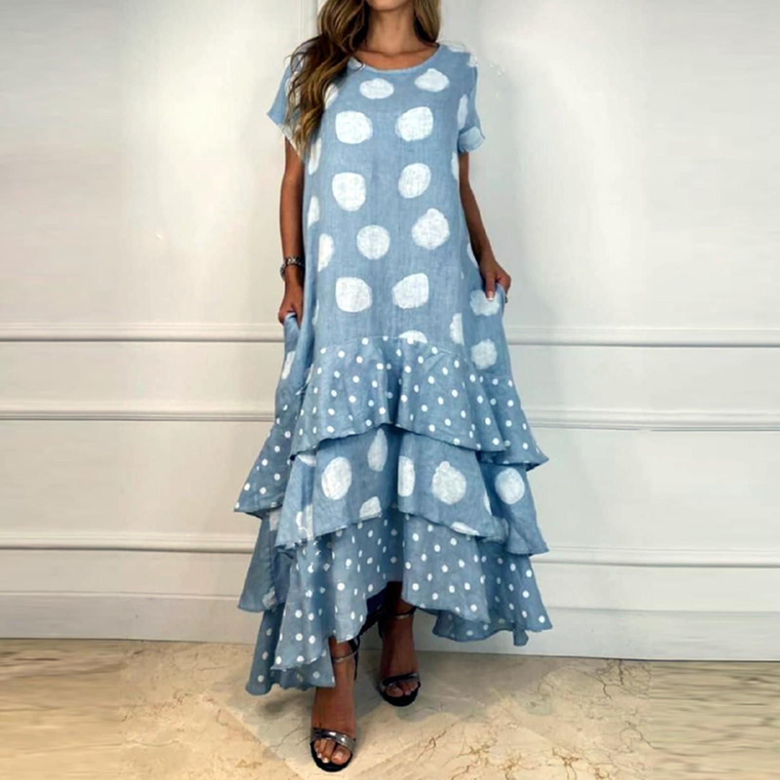 

(Кунід) Жіночі повсякденні літні сукні з короткими рукавами, весняна сукня міді з круглим вирізом і клаптиками в стилі бохо з квітковими воланами S Темно-синій