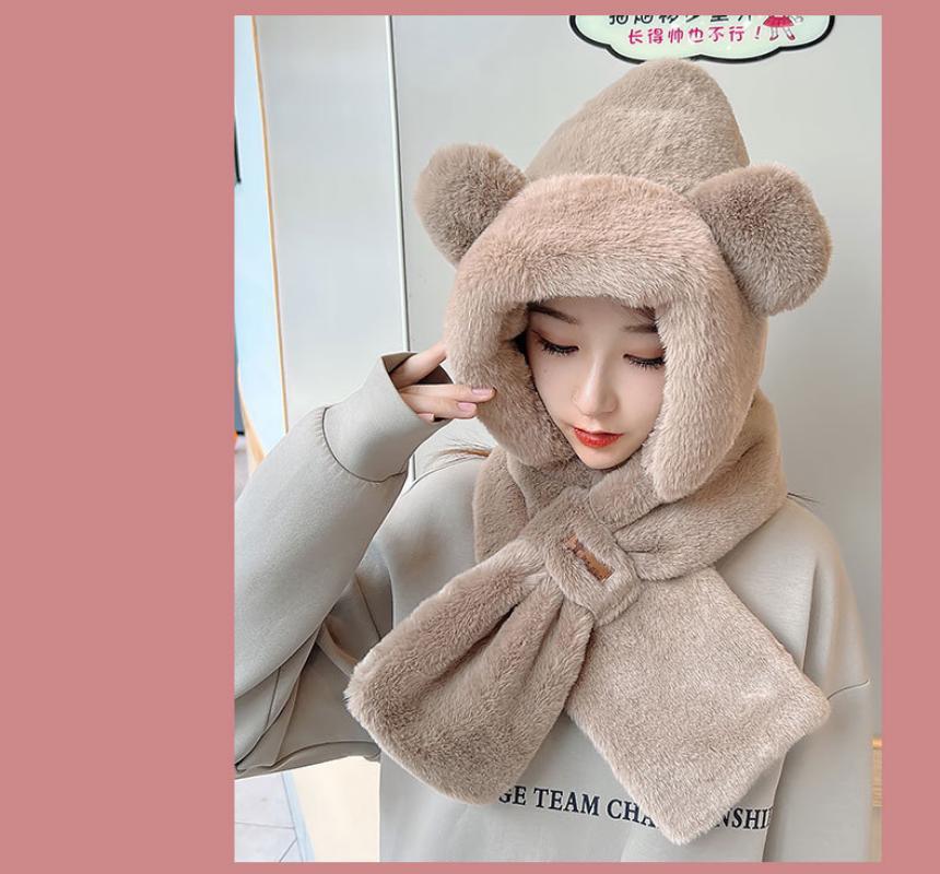 2023 Winter Cute Bear Ear Warm Hat Plush Scarf Hat Outdoor Windproof Cycling Hat Women Beanies Caps