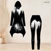Women Plus Size Two Piece Set Black White Geometric Printed Hooded Long Sleeve High Low Top Fitted Pants