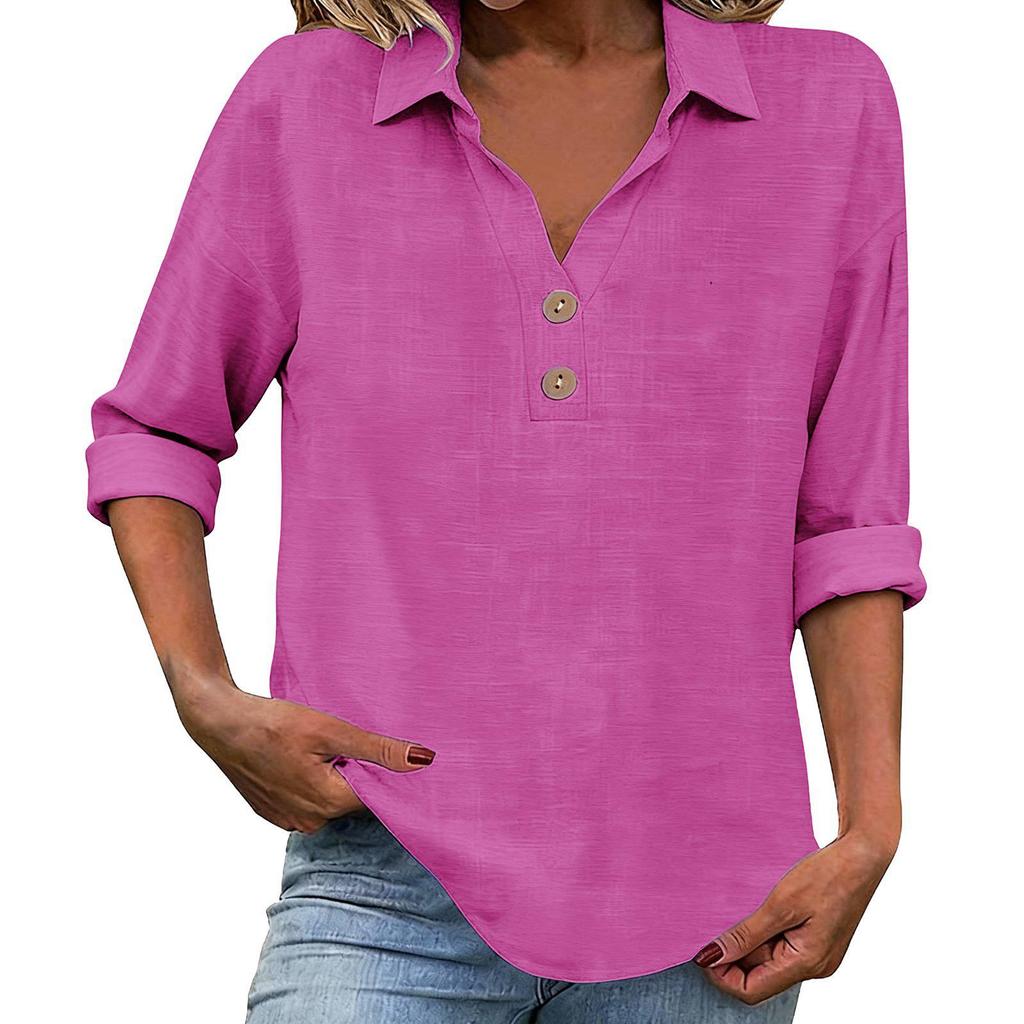 Women's Seven-Sleeve Cotton Linen Lapel Shirt - Solid Color, Casual, Breathable