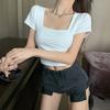Pure cotton square collar front shoulder short-sleeved T-shirt women's summer new Spice Girl slim and thin simple style short t-shirt top