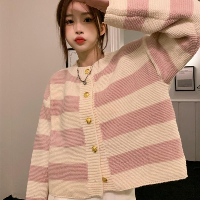Spring Autumn Winter Women's Lazy-Style Sweet Striped Cardigan Knit Sweater Coat: Loose Versatile Outerwear